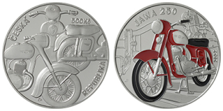 500 Kč 2022. Pamětní stříbrná mince se smaltováním „Motocykl Jawa 250“ - BK